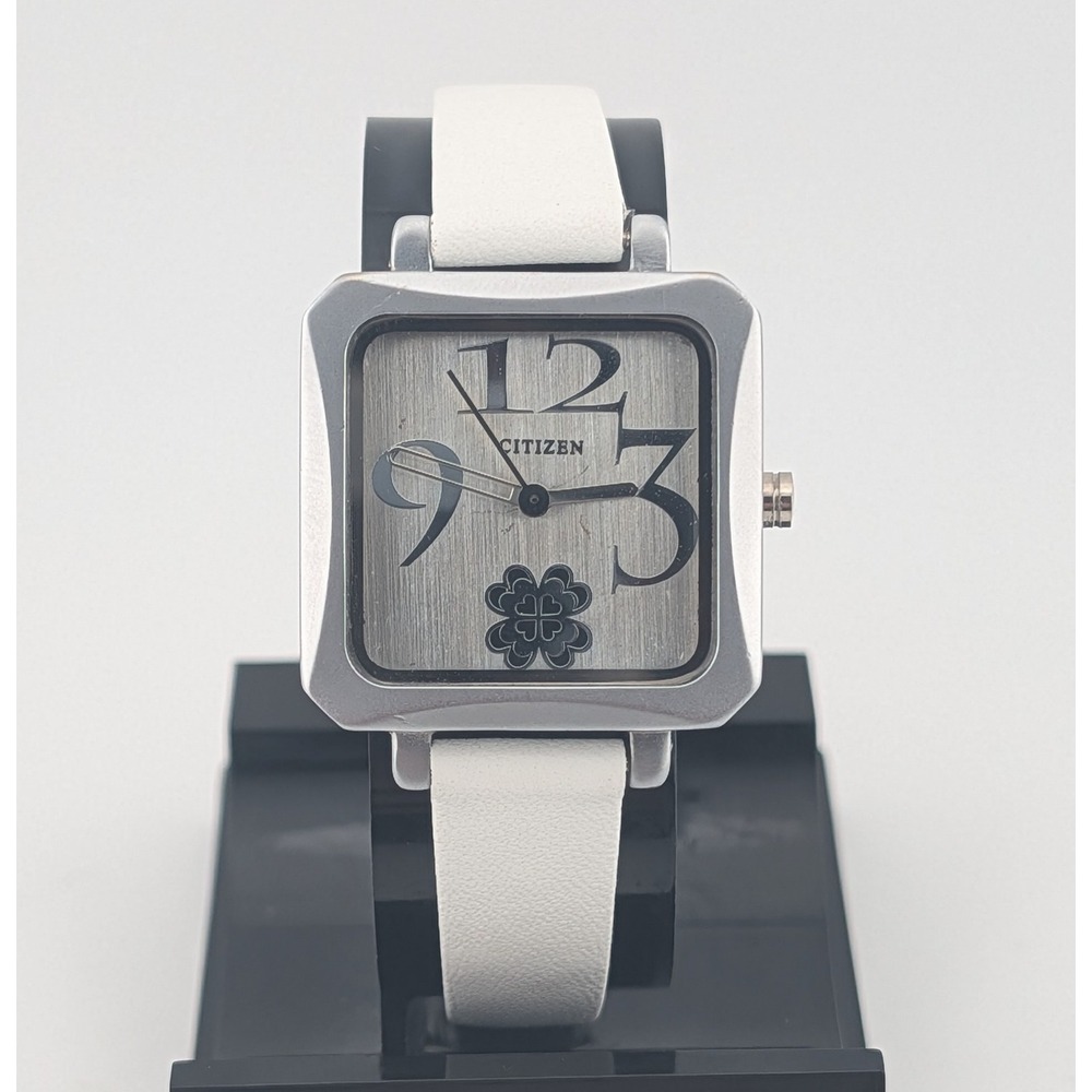 Citizen Quartz Square Case Silver Dial White Strap Women's Watch Clover Accent